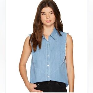 7 For All Mankind Women's XS Shirt Blue Denim Raw Edge Ruffle Button Up size M